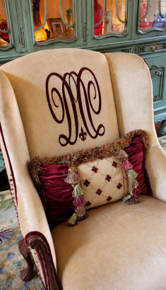 custom monogram upholstered chair in buttercream velvet with red stitching_cdaniel